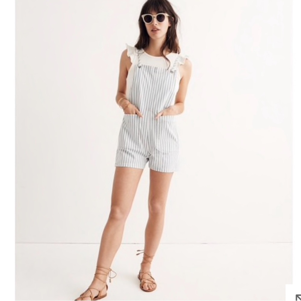 Madewell White and Light Blue Striped Short Overalls Romper